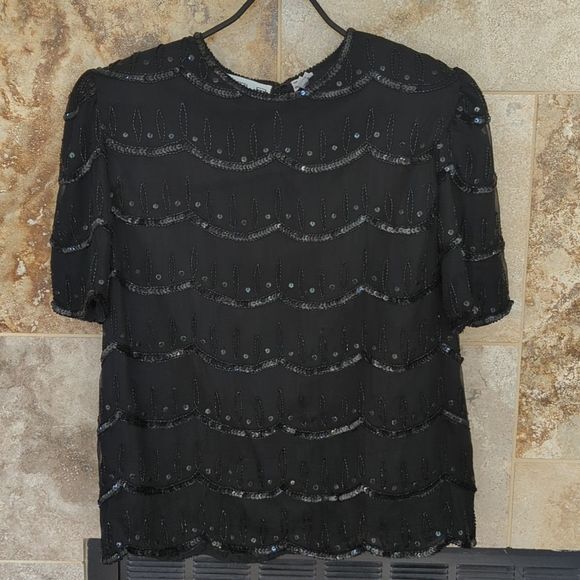 Scala Tops - Black Scala Large Petite Embellished Sequin Vintage Top